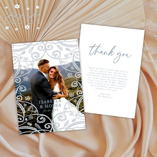 Dusty Blauw Zilveren Kant Bruiloft Dank u Kaart