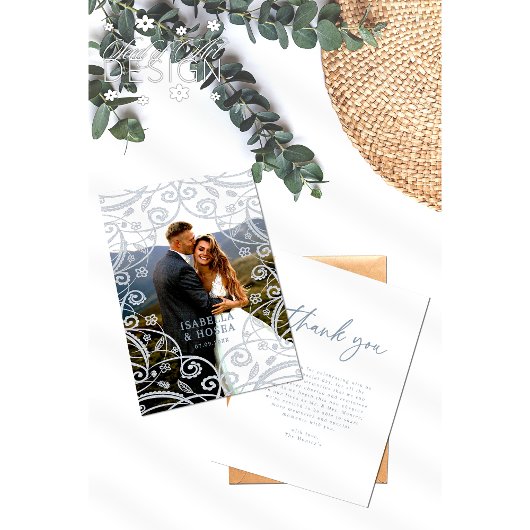 Dusty Blauw Zilveren Kant Bruiloft Dank u Kaart