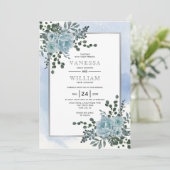 Dusty blauwe bloemen, bladeren bloemen winterbruil kaart (Staand voorkant)