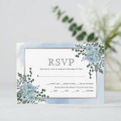 Dusty blauwe bloemen, bladeren bloemen winterbruil RSVP kaartje (Staand voorkant)