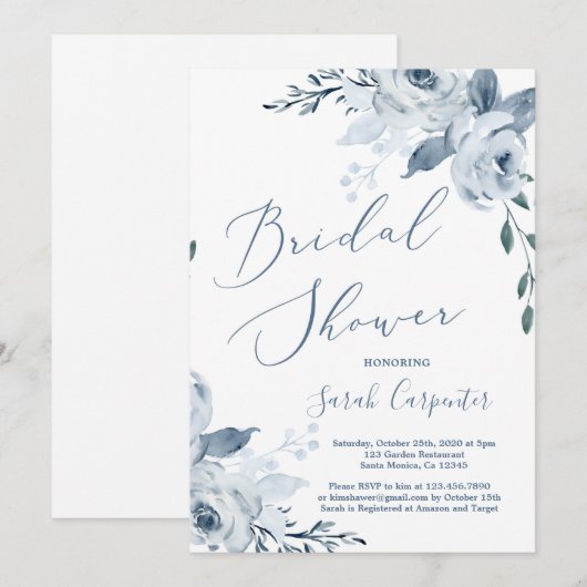 Dusty Blauwe Bloemen Bruids Douche Uitnodiging (Voorkant / Achterkant)