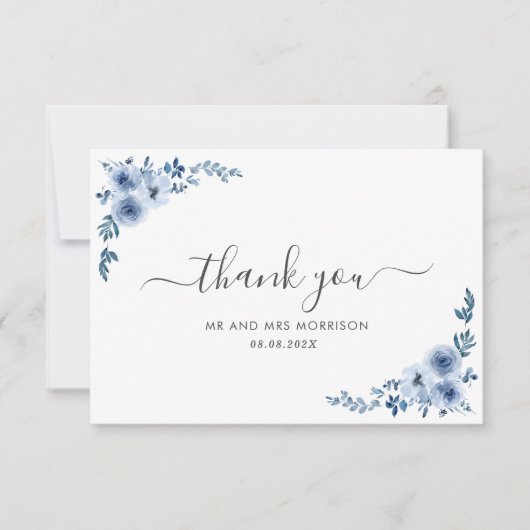 dusty blauwe bloemen bruiloft bedankt je kaart (Voorkant)