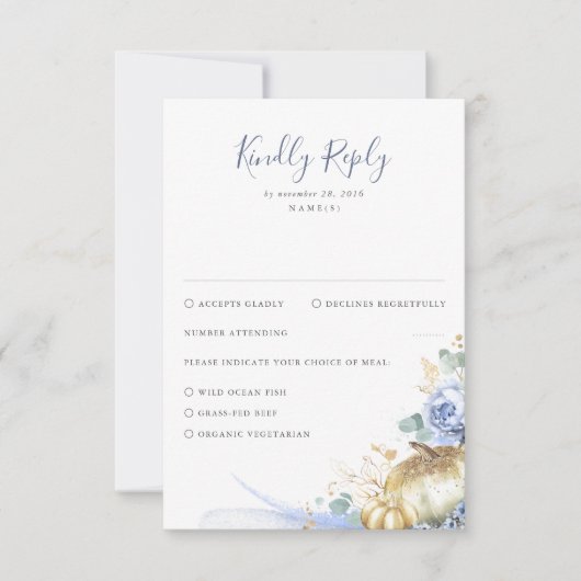 Dusty Blauwe Bloemen en Pompoenen Bruiloft RSVP Kaartje (Voorkant)