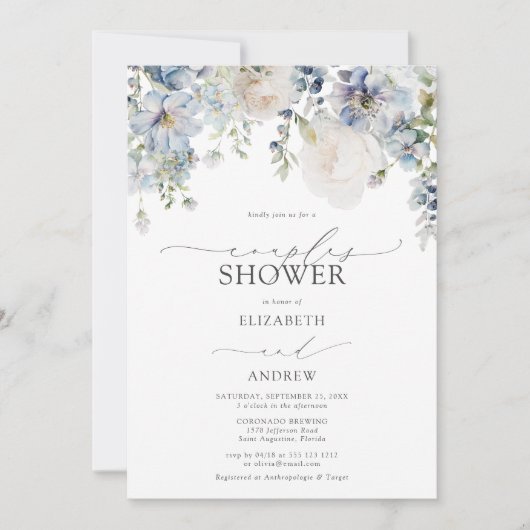 Dusty Blauwe Bloemen Foto Koppels Douche Kaart (Voorkant)