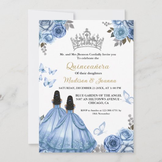 Dusty Blauwe Bloemen Vlinder Tweeling Meisje Quinc Kaart (Voorkant)