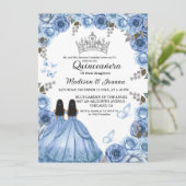 Dusty Blauwe Bloemen Vlinder Tweeling Meisje Quinc Kaart (Staand voorkant)