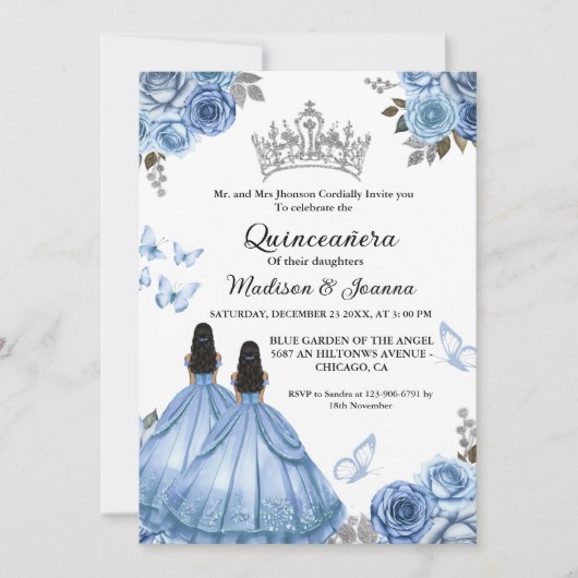 Dusty Blauwe Bloemen Vlinder Tweeling Meisje Quinc Kaart (Voorkant)