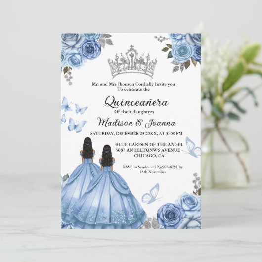 Dusty Blauwe Bloemen Vlinder Tweeling Meisje Quinc Kaart (Staand voorkant)