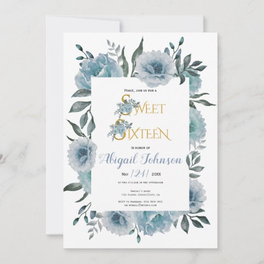 Dusty Blauwe bloemen zoet zestien verjaardag Kaart (Voorkant)