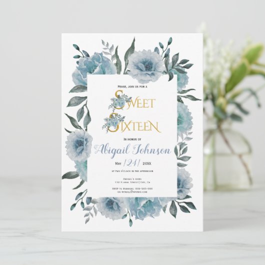 Dusty Blauwe bloemen zoet zestien verjaardag Kaart (Staand voorkant)