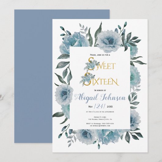 Dusty Blauwe bloemen zoet zestien verjaardag Kaart (Voorkant / Achterkant)