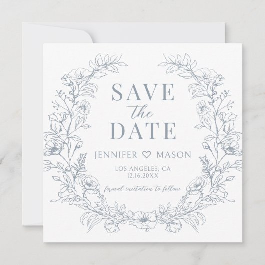 Dusty blauwe bloemenkrans boho Save the Date foto (Voorkant)