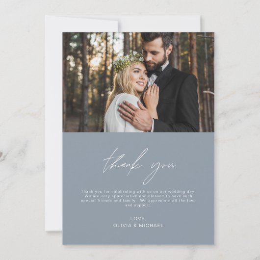 Dusty Blauwe Bruiloft Handgeschreven Dank u 2 Foto Bedankkaart (Achterkant)