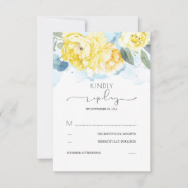 Dusty Blauwe en Gele Bloemen Bruiloft RSVP Kaartje