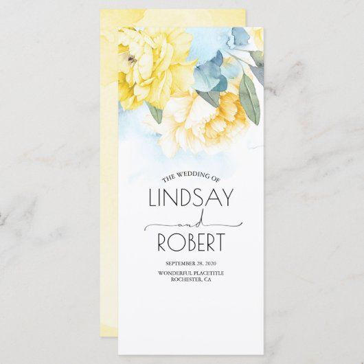 Dusty Blauwe en Gele Bloemen Trouwprogramma's Programmakaart (Voorkant / Achterkant)