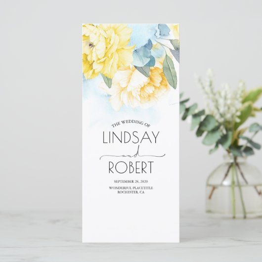 Dusty Blauwe en Gele Bloemen Trouwprogramma's Programmakaart (Staand voorkant)