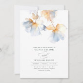 Dusty Blauwe en Gouden Bloemen Minimalistische Bru Kaart (Voorkant)