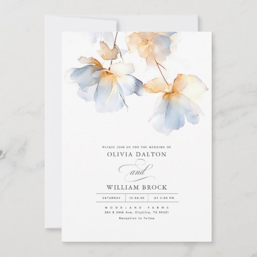 Dusty Blauwe en Gouden Bloemen Minimalistische Bru Kaart (Voorkant)