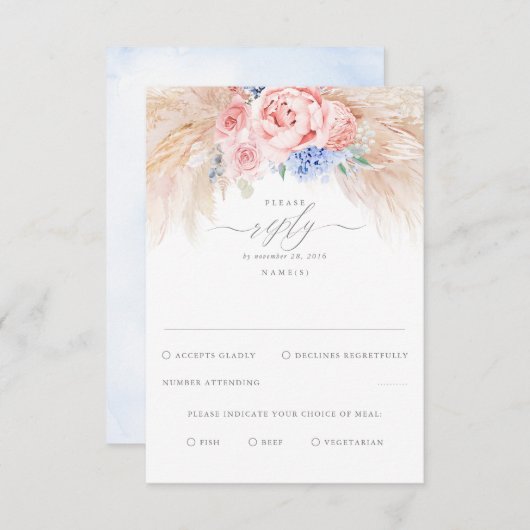 Dusty Blauwe en Roze Bloemen Exotische Bruiloft RS RSVP Kaartje (Voorkant / Achterkant)