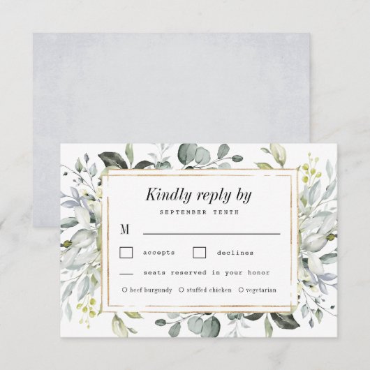 Dusty Blauwe Maaltijd Keuze Goud Elegant Bloemen B RSVP Kaartje (Voorkant / Achterkant)