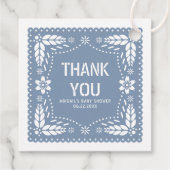 Dusty blauwe papel picado dank u baby jongen douch bedankjes labels (Achterkant)