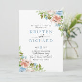 Dusty Blauwe Perzik Bloemen Groen Bruiloft Kaart (Staand voorkant)