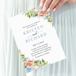 Dusty Blauwe Perzik Bloemen Groen Bruiloft Kaart
