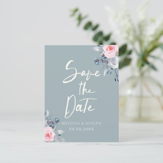 dusty blauwe rozen sparen het datummanuscript aankondigingskaart (Staand voorkant)
