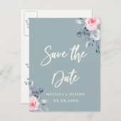 dusty blauwe rozen sparen het datumwitte manuscrip aankondigingskaart (Voorkant / Achterkant)