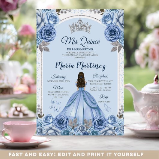 Dusty Blauwe Vlinder Prinses Zilver Quinceañera Kaart