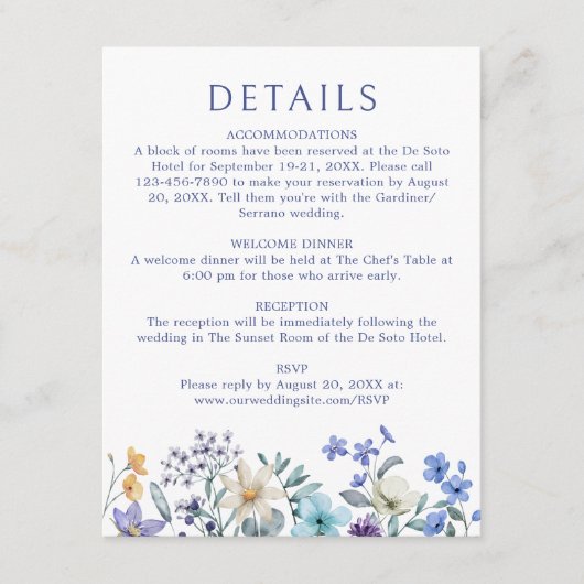 Dusty Blauwgroen Blue Wildflower Wedding Details Informatiekaartje (Voorkant)