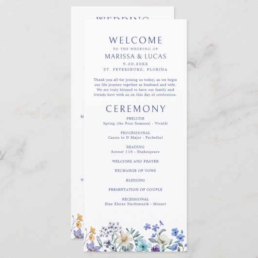 Dusty Blauwgroen Blue Wildflowers Wedding Program (Voorkant / Achterkant)