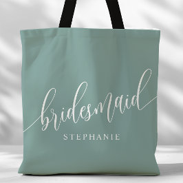Dusty Blauwgroen Bruidsmeisje Modern Script Tote Bag