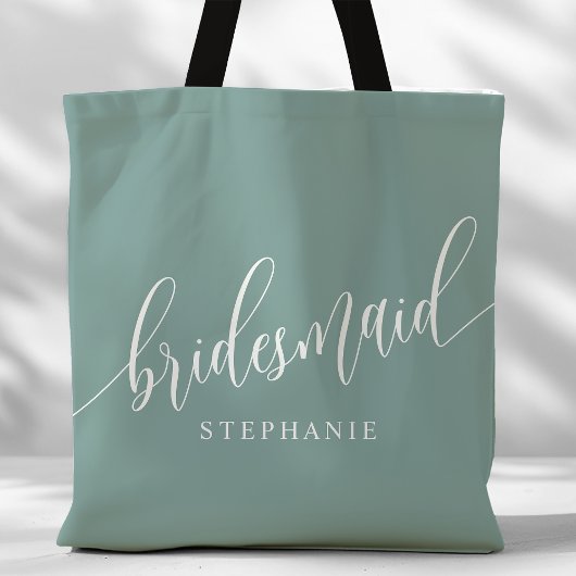 Dusty Blauwgroen Bruidsmeisje Modern Script Tote Bag
