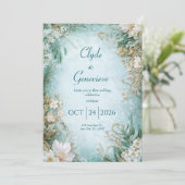 Dusty Blauwgroen & Cream Wildflower Wedding Kaart (Staand voorkant)