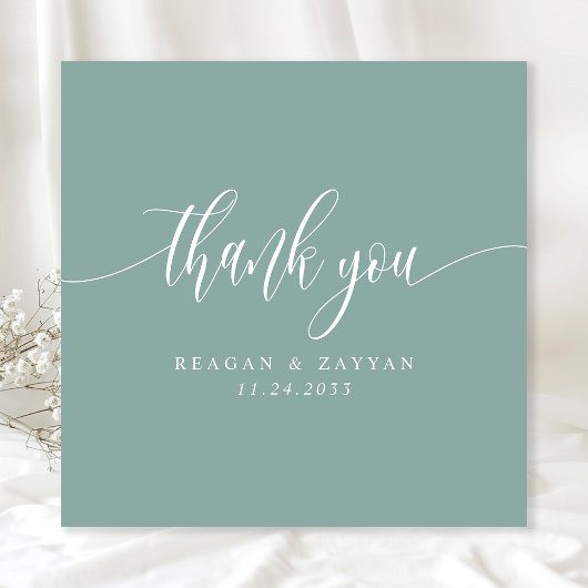 Dusty Blauwgroen minimalistisch script bruiloft Bedankkaart
