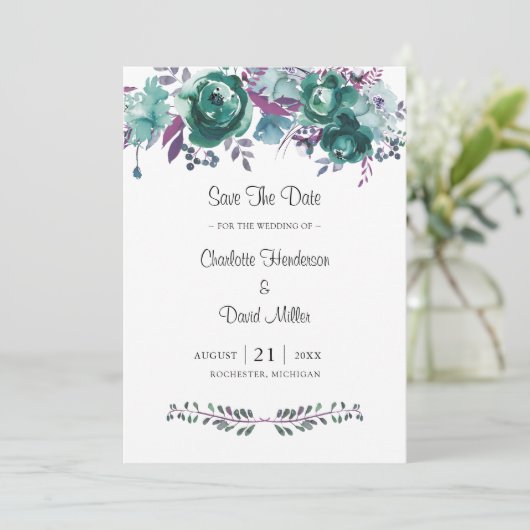 Dusty Blauwgroen Plum Waterverf Floral Wedding Save The Date (Staand voorkant)