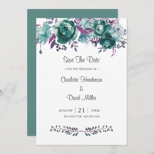 Dusty Blauwgroen Plum Waterverf Floral Wedding Save The Date (Voorkant / Achterkant)