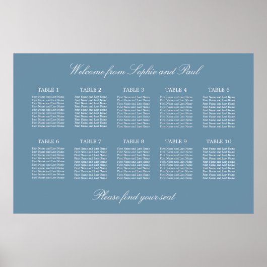 Dusty Blue 10 Table Wedding Seating Chart Poster (Voorkant)