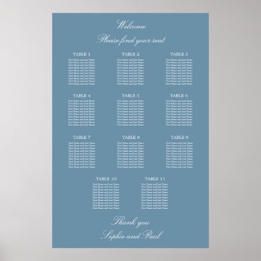 Dusty Blue 11 Table Wedding Seating Chart Poster (Voorkant)