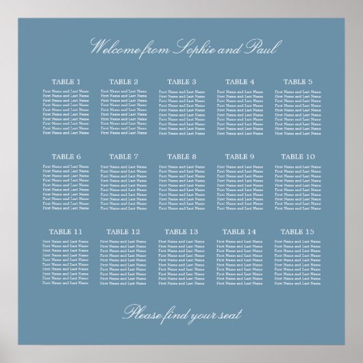 Dusty Blue 15 Table Wedding Seating Chart Poster (Voorkant)