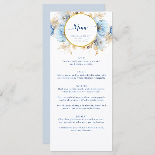 Dusty Blue 2 Bloemen Gouden Bruiloft Menu (Voorkant / Achterkant)
