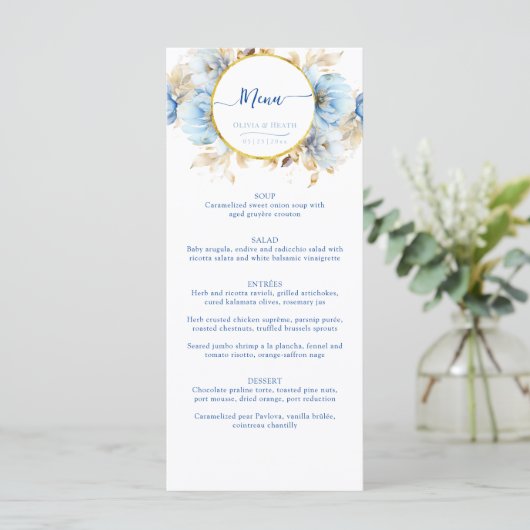 Dusty Blue 2 Bloemen Gouden Bruiloft Menu (Staand voorkant)
