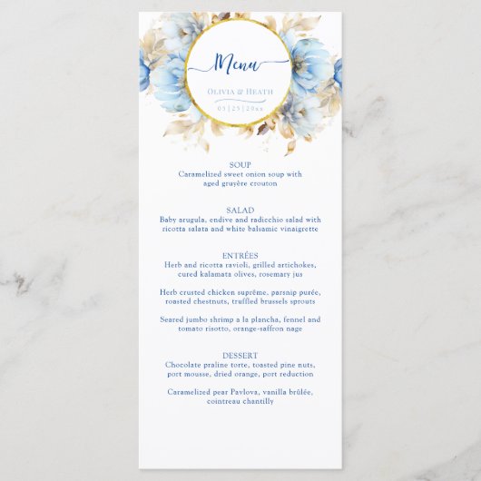 Dusty Blue 2 Bloemen Gouden Bruiloft Menu (Voorkant)