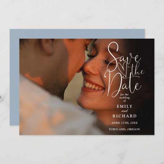 Dusty Blue 2 Foto Elegant Script Wedding Save The Date (Voorkant / Achterkant)