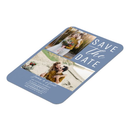 Dusty Blue 2 foto's Bewaar de datum Bruiloft Magneet (Linkerzijde)