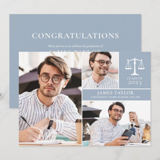 Dusty Blue 3 Foto Law School Graduparty Kaart (Voorkant / Achterkant)
