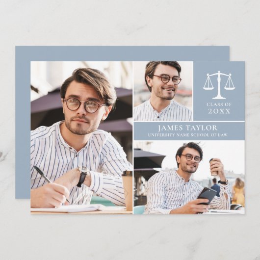 Dusty Blue 3 Foto's Afstudeerfeest Uitnodiging Rec (Voorkant / Achterkant)