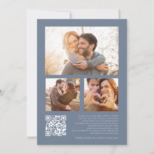 Dusty Blue 3 Foto's op achterkant QR Code Bruiloft Kaart (Achterkant)