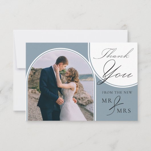 Dusty Blue 4 Arched Foto Bruiloft Kalligrafie Bedankkaart (Voorkant)